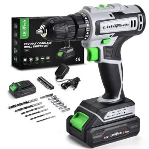 Lithitech Cordless Drill Set, 20V Power Drill with Battery 2.0Ah and Charger, 3/8-Inch Keyless Chuck Electric drill, 18+1 Position, 2 Variable Speed, 380 In-lb Torque (Green)