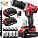 20V Cordless Drill Set,Electric Power Drill Cordless,Power Drill Drivers,Electric Screwdriver - 2.0Ah Batteries, 30Nm，21+1 Torque,2 Speed,34pcs Acessories,Built-in LED,Kit for Home,Red