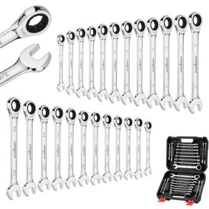 HORUSDY 24-Piece Ratcheting Wrench Set | Metric and SAE | Ratchet Combination Wrenches Set with Organizer | 72-Tooth | Chrome Vanadium Steel | 6-18 mm & 1/4” to 3/4“ (24-Piece)