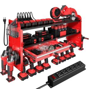 KSVO Power Tool Organizer Wall Mount with Drill Rack, Grinder Holder, Hammer & Pliers Rack, Locking Drawers, 6-Outlet Charging Shelf – Heavy Duty Metal Tool Storage for Garage, Workshop (Red)