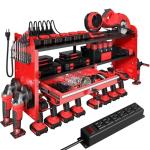 KSVO Power Tool Organizer Wall Mount with Drill Rack, Grinder Holder, Hammer & Pliers Rack, Locking Drawers, 6-Outlet Charging Shelf – Heavy Duty Metal Tool Storage for Garage, Workshop (Red)