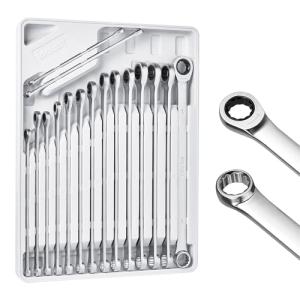 toolant 16pcs Extra Long Ratcheting Wrench Set, Offset Head Double Box-End Ratcheting Wrench Set, 8-24mm Metric Set, 90-Tooth and 4° Swing, with Storage Tray