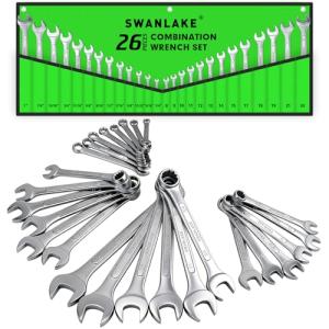 SWANLAKE 26PCS Combination Wrench Set with Roll-up Pouch, wrench set metric and standard, SAE 1/4” - 1” and Metric 8mm - 24mm
