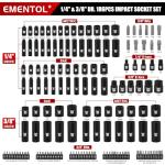 EMENTOL 189-Piece Impact Socket Set, 1/4" & 3/8" Drive Metric and SAE Sizes, CR-V Steel, Includes Deep & Shallow Sockets, Ratchets, Bits, Extensions, Spark Plug Socket & More, with Plastic Tool Case