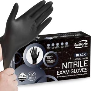 SwiftGrip Disposable Nitrile Exam Gloves, Black Nitrile Gloves Disposable Latex Free for Medical, Cooking & Esthetician, Food-Safe Rubber Gloves, Powder Free, Non-Sterile, 100-ct Box (Large)