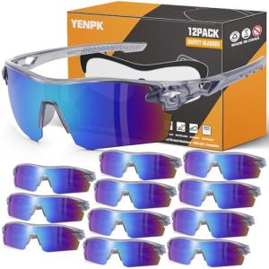 YENPK 12 Pack Safety Glasses, ANSI Z87.1+UV Protective Eyewear, Impact Resistant Anti-Scratch Safety Goggles for Men Women（Blue Mirror & Gray frame）