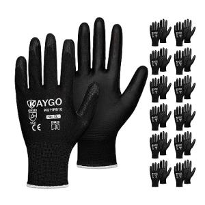 KAYGO Safety Work Gloves PU Coated,12 Pairs KG11PB Seamless Knit Glove for Men and Women, with Smooth Grip on Palm and Fingers, Ideal for General Duty Work (X-Large, Black)
