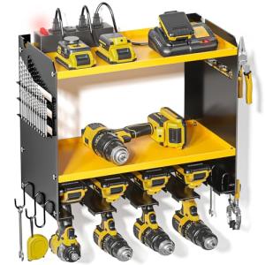 Spampur Power Tool Organizer Wall Mount with Charging Station, Tool Battery Holder with 4 Outlet Power Strip15 Min Assembly & Maximum 100lb Load by Heavy Duty Metal, 4 Slots for Cordless Drill