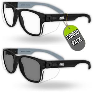 MAGID Y50 Safety Glasses, ANSI Z87.1, Anti-Fog UV Protection, 2 Pack Combo Lens 1 Clear 1 Gray, Side Shields, Black Frame, 2 Pairs