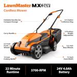 LawnMaster 20VMWGT 24V Max 13-inch Lawn Mower and Grass Trimmer 10-inch Combo with 2x4.0Ah Batteries and Charger