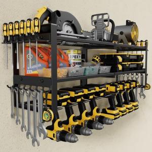 Jusgym Power Tool Organizer Wall Mount, 3-Tier Tool Storage Rack with 8 Drill Holders, 300LBS Load Heavy Duty Cordless Tool Shelf for Garage Organization, Gift for Men