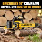 Pyrcruax 40V(20V*2) 16" Brushless Chainsaw Cordless, Electric Chainsaw Fully Compatible with DeWalt 20V MAX, Auto-Oiling, Tool-Free Tensioning, Safety Chain Brake, Batteries and Charger Not Included