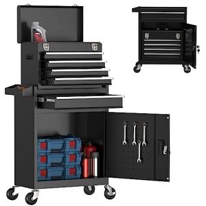 Yaciente 5-Drawer Tool Box with Wheels, Rolling Tool Storage Cabinet with Detachable Top Tool Chest and Locking Mechanism, Metal Tool Cart for Garage Workshop and Room Use (Black)