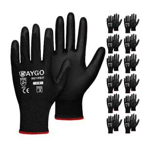 KAYGO Safety Work Gloves PU Coated,12 Pairs KG11PB Seamless Knit Glove for Men and Women, with Smooth Grip on Palm and Fingers, Ideal for General Duty Work (Small, Black)