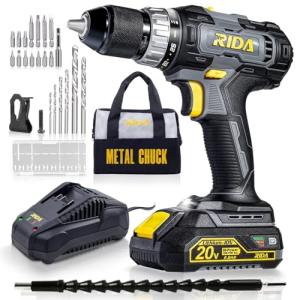 RIDA Cordless Drill Power Drill Cordless 20V 1/2'' Keyless Metal Chuck 355 In-lb(40N.m) Torque with 2.0AH Li-ion Battery & Fast Charger, Variable Speed, 25+1 Position and 22pcs Bits