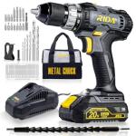 RIDA Cordless Drill Power Drill Cordless 20V 1/2'' Keyless Metal Chuck 355 In-lb(40N.m) Torque with 2.0AH Li-ion Battery & Fast Charger, Variable Speed, 25+1 Position and 22pcs Bits