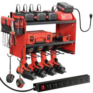 Power Tool Organizer Wall Mount with Charging Station, Heavy Duty 3 Layer Garage Tool Storage with 4 Cordless Drill Holder and 8 Outlet Power Strip, Gift for Men Husband Dad Birthday Anniversary red