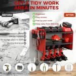 Power Tool Organizer Wall Mount with Charging Station, Heavy Duty 3 Layer Garage Tool Storage with 4 Cordless Drill Holder and 8 Outlet Power Strip, Gift for Men Husband Dad Birthday Anniversary red