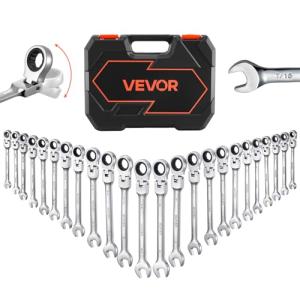 VEVOR 24-piece Ratcheting Wrench Set with 180° Flex Head, Anti-Slip Tooth, Combination Wrench Sets with Organizer Box, Metric 8-19mm & SAE 1/4-7/8", Polished