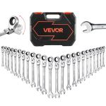 VEVOR 24-piece Ratcheting Wrench Set with 180° Flex Head, Anti-Slip Tooth, Combination Wrench Sets with Organizer Box, Metric 8-19mm & SAE 1/4-7/8", Polished