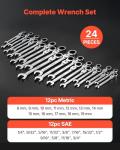 VEVOR 24-piece Ratcheting Wrench Set with 180° Flex Head, Anti-Slip Tooth, Combination Wrench Sets with Organizer Box, Metric 8-19mm & SAE 1/4-7/8", Polished