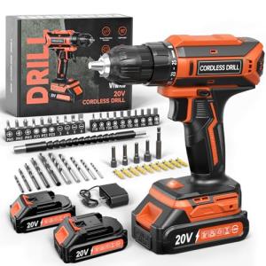 Cordless Drill, 20V MAX Power Drill Set with 2 Batteries & Charger, 3/8 Inch Keyless Chuck, Variable Speed, 25+1 Position and 56PCS Bits/Screws, Power Tools for Home Projects