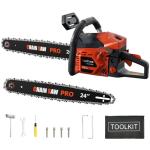 62cc Gas Chainsaw, 20 & 24 Inch Professional Chainsaw with 2-Cycle Engine & Anti-Vibration System, Quick Start Technology for Tree Cutting, Firewood, Logging (62CC 20in+24in)