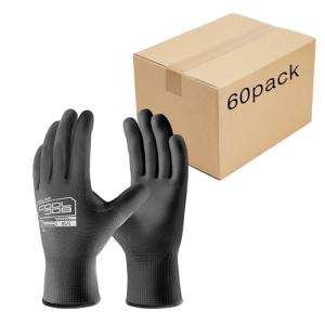 COOLJOB 60 Pairs Safety Work Gloves Pack Bulk with Grip PU Coating, 13 Gauge Seamless Knit Gloves with Polyurethane Dipped for Warehouse Working, Breathable Lightweight for Men Women, Black Large