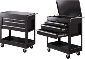 PrecisionAuto 4-Drawer Rolling Tool Chest, with Wheels and Lock, Portable Storage Organizer, Secure Toolbox with Key System, Mobile Cabinet for Workshop, Repair Shop, Warehouse, Black