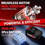 FULLYEA Cordless Angle Grinder Kit, 4-1/2" Power Angle Grinders with 2 * 4.0Ah Battery & 12000RPM Brushless Motor, Metal Grinder with Cutting Wheels, Electric Grinder Tool Set for Cutting, Grinding