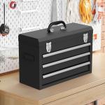Portable Metal Tool Box, 3 Drawer Steel Tool Box with Top Storage Tray and carrying Handle, Multi-Function Tool Storage with Anti-slip Liner for Garage, Home, or Workbench (Black)