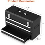 Portable Metal Tool Box, 3 Drawer Steel Tool Box with Top Storage Tray and carrying Handle, Multi-Function Tool Storage with Anti-slip Liner for Garage, Home, or Workbench (Black)
