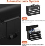 Portable Metal Tool Box, 3 Drawer Steel Tool Box with Top Storage Tray and carrying Handle, Multi-Function Tool Storage with Anti-slip Liner for Garage, Home, or Workbench (Black)