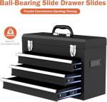 Portable Metal Tool Box, 3 Drawer Steel Tool Box with Top Storage Tray and carrying Handle, Multi-Function Tool Storage with Anti-slip Liner for Garage, Home, or Workbench (Black)