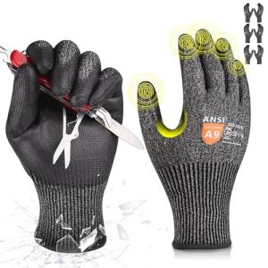 Donfri 3 Pairs A9 Cut Resistant Work Gloves for Men, Safety Gloves for Men Touchscreen with Reinforced Thumb, ANSI Cut Level 9 Protection Flexible for Metal Glass Wood Construction Fishing, L
