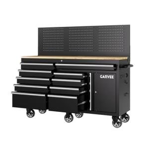 Garvee 60 in Rolling Tool Chest with 10 Drawers & Pegboard, Mobile Garage Tool Cabinet with Locks & Charging Station, Heavy Duty Workbench for Workshop, Black