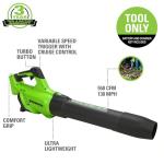 Greenworks 40V (130 MPH / 550 CFM / 75+ Compatible Tools) Cordless Brushless Axial Leaf Blower, Tool Only