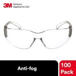 3M Safety Glasses, Virtua Protective Eyewear, Clear Frame, Clear Anti-Fog Lens, Pack of 100, Polycarbonate, ANSI Z87.1-2015, Z87+, Economy