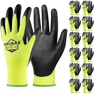 OKIAAS Work Gloves for Men, Ultra Thin and Lightweight with Grip, 12 Pairs Bulk Pack Construction Gloves with Polyurethane Coating, Safety Gloves for Light Duty Work (Green, Medium)
