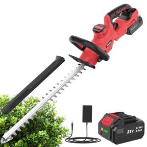 Cordless Hedge Trimmer 21V, Electric Hedge Trimmer with 4000mAh Battery, 14" Dual-Action Blades, 180° Adjustable Branch Cutter, Blade Cover for Hedges, Branches, Shrubs, Twigs
