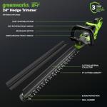 Greenworks 24V 24" (1.1" Cutting Capacity/Rotating Handle) Brushless Hedge Trimmer Cordless, 2.0Ah Battery and Charger Included