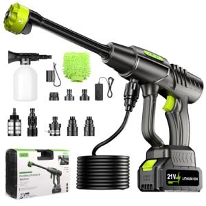 YKYI Cordless Pressure Washer Battery Powered, 30 Speed Level, 1200 PSI Portable Power Washer with 6-in-1 Nozzle, 24FT High-Elastic Hose, Handheld Pressure Washer for Car, Garden Cleaning (Gray)