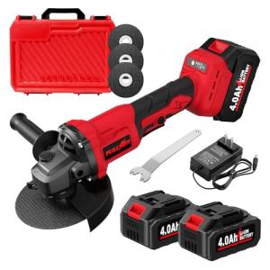 FULLYEA Cordless Angle Grinder 4-1/2 inch, 3-Speed Adjustable, 10000 RPM Electric Angle Grinder Portable with 2*4.0Ah Batteries & 3 Wheels, Battery Powered Grinder Tool Kit for Wood/Metal/PVC Cutting