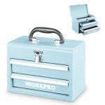 WORKPRO Portable Mini Tool Box, 2 Drawers Metal Tool Chest with Ball Bearing Slides, Top Storage with Latch, Ergonomic Carrying Handle, Mechanic Toolbox with PVC Liners and PP Feet Pads