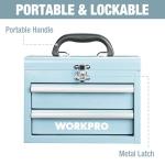 WORKPRO Portable Mini Tool Box, 2 Drawers Metal Tool Chest with Ball Bearing Slides, Top Storage with Latch, Ergonomic Carrying Handle, Mechanic Toolbox with PVC Liners and PP Feet Pads