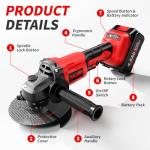 FULLYEA Cordless Angle Grinder 4-1/2 inch, 3-Speed Adjustable, 10000 RPM Electric Angle Grinder Portable with 2*4.0Ah Batteries & 3 Wheels, Battery Powered Grinder Tool Kit for Wood/Metal/PVC Cutting