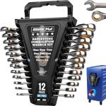Premium 12-Piece Metric Ratchet Wrenches Set with Magnetic Organizer 8mm-19 mm, 72-Tooth Ratcheting Wrench Set, Cr-V Steel Ratchet Combination Wrench Set for Automotive, Machine Repair