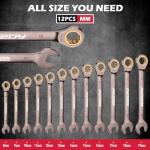 Premium 12-Piece Metric Ratchet Wrenches Set with Magnetic Organizer 8mm-19 mm, 72-Tooth Ratcheting Wrench Set, Cr-V Steel Ratchet Combination Wrench Set for Automotive, Machine Repair