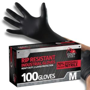Venom Steel Industrial Nitrile Gloves, Chemical Resistant Disposable Black Gloves, Latex-Free, Powder-Free, Textured Grip, Heavy Duty Two-Layer Protection, 6 mil,Medium, 100 Count