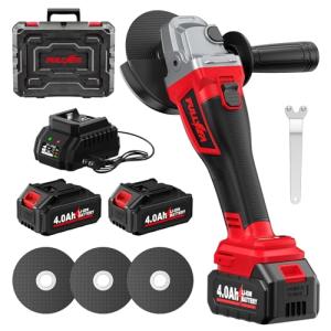 FULLYEA Cordless Angle Grinder 4-1/2", Brushless Metal Grinder 12000 RPM, Power Angle Grinders with 2 * 4.0Ah Batteries & Charger, 3*Cutting Wheels, Electric Angle Grinder Tool Kit for Cutting (Red)